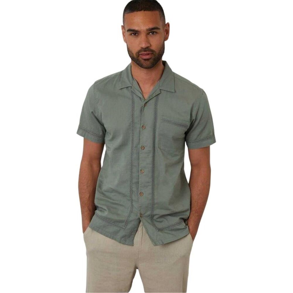 Threadbare Mens Crochet Trim Short-Sleeved Shirt / Sage